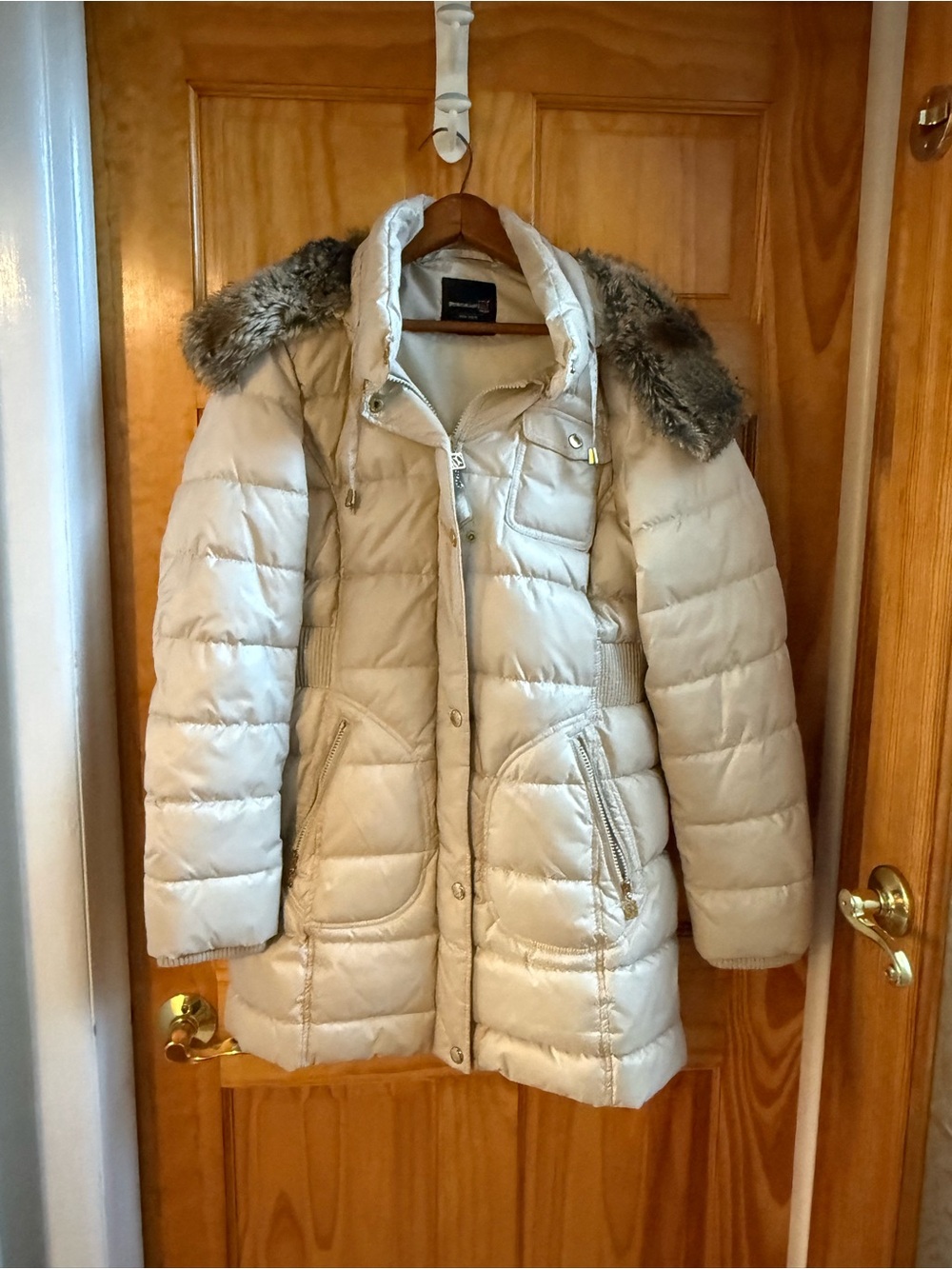 Cream Quilted Puffer Coat with Faux Fur-Trim Hood